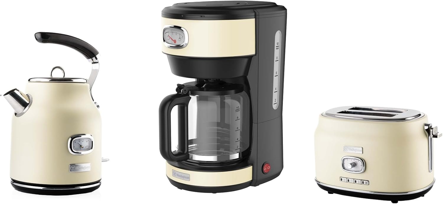 ست توستر، قهوه ساز و کتری برقی وستینگهاوس آمریکا WESTINGHOUSE WES23 صبحانه مشکی، ست صبحانه رترو، توستر 2 اسلایس با گرمکن نان، دستگاه قهوه ساز فیلتر، کتری استیل 1.7 لیتری با فیلتر رسوب آهک